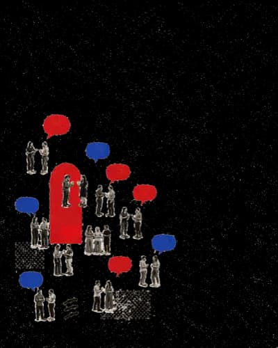 Collage: persone che parlano, fumetti