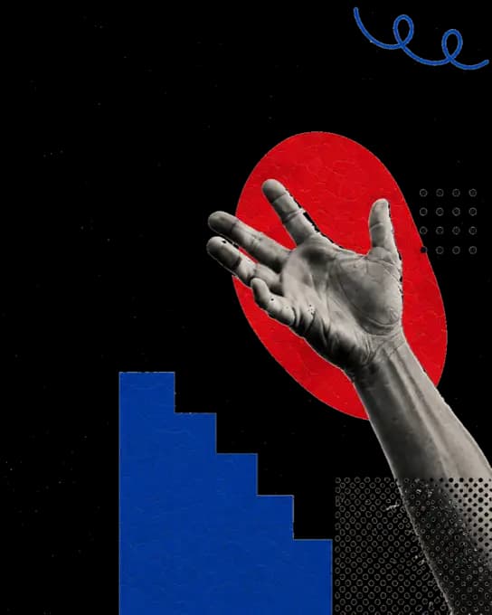 Collage: mano, cerchio rosso